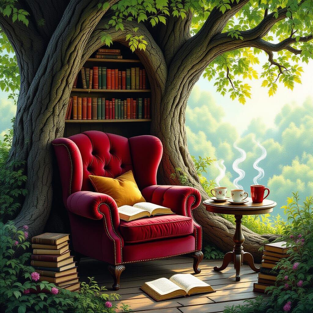 Cozy Reading Nook in Ancient Tree, Ornate Details