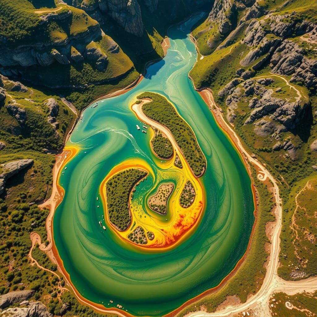 Surreal Mountain River in Figure 8 Pattern, Vibrant Alcohol ...