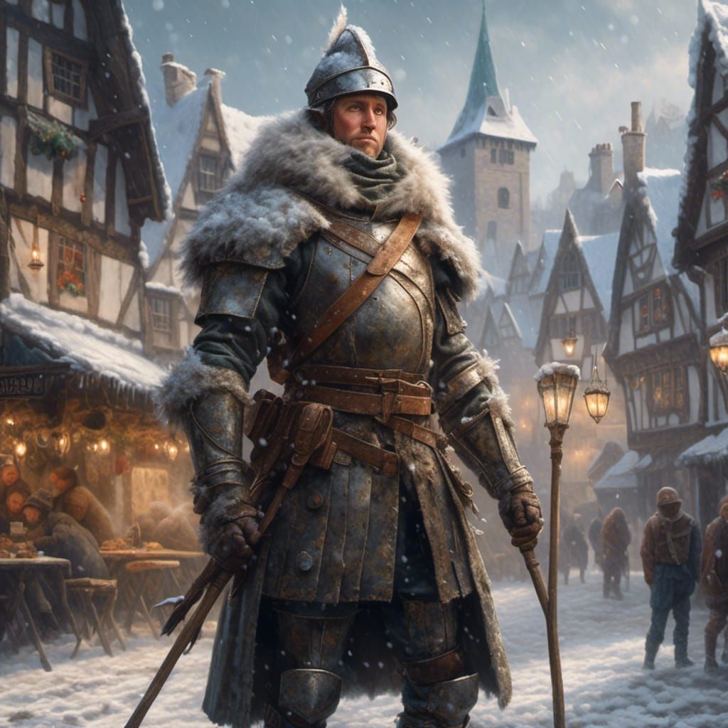 Hyperrealistic Guardsman Defends Snowy Medieval Town