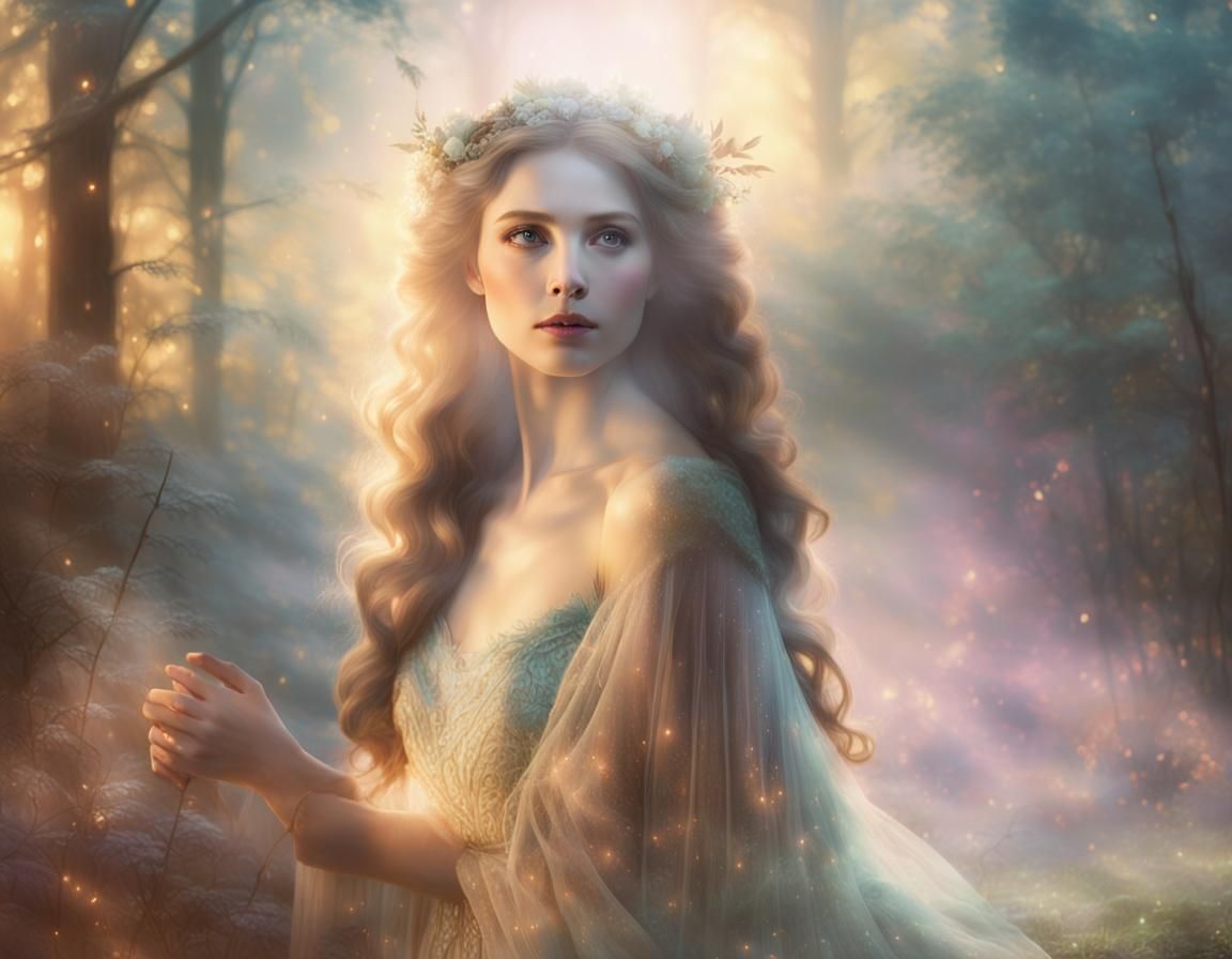 Ethereal Woman in Mystical Forest, Fantasy Art