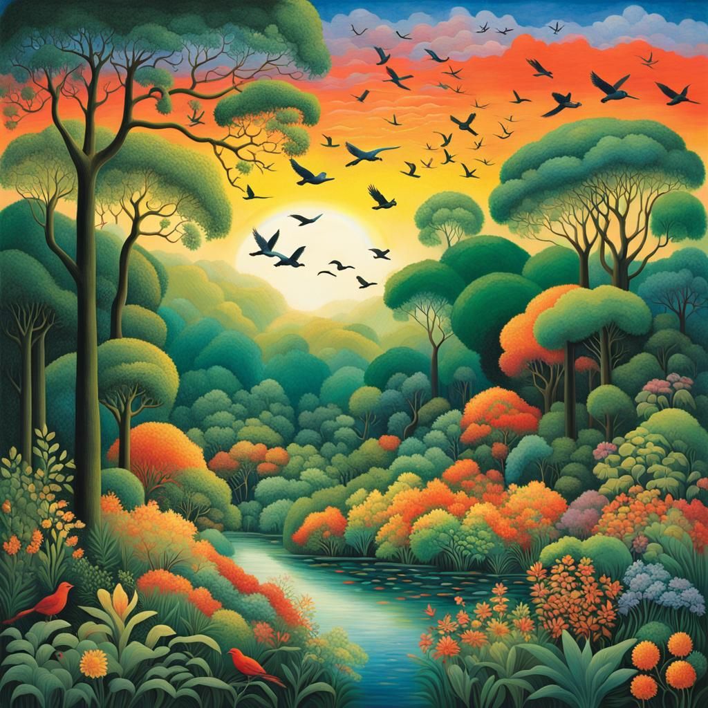 Lush Landscape with Rainbow Birds in Naive Art Style