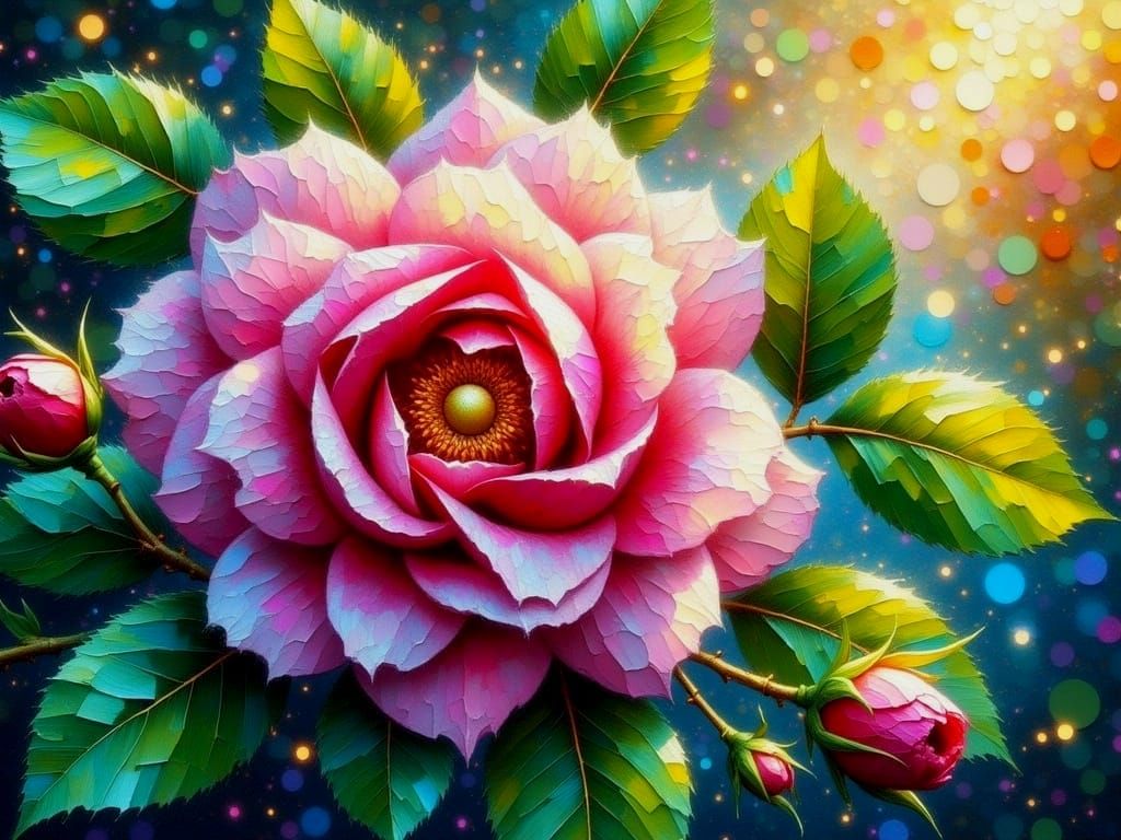 Vibrant Impasto Rose Blooms in a Sea of Sparkling Particles