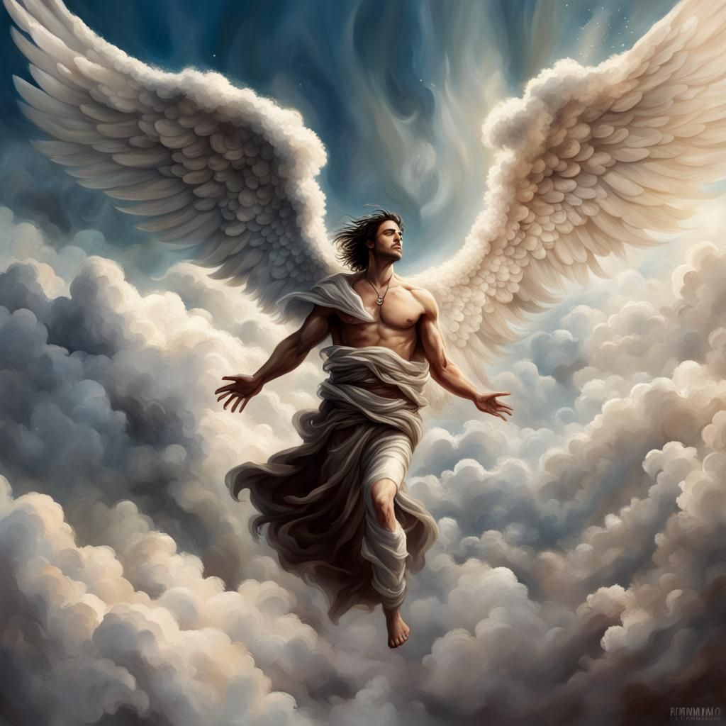 Angel Man Flying in Clouds with Scroll