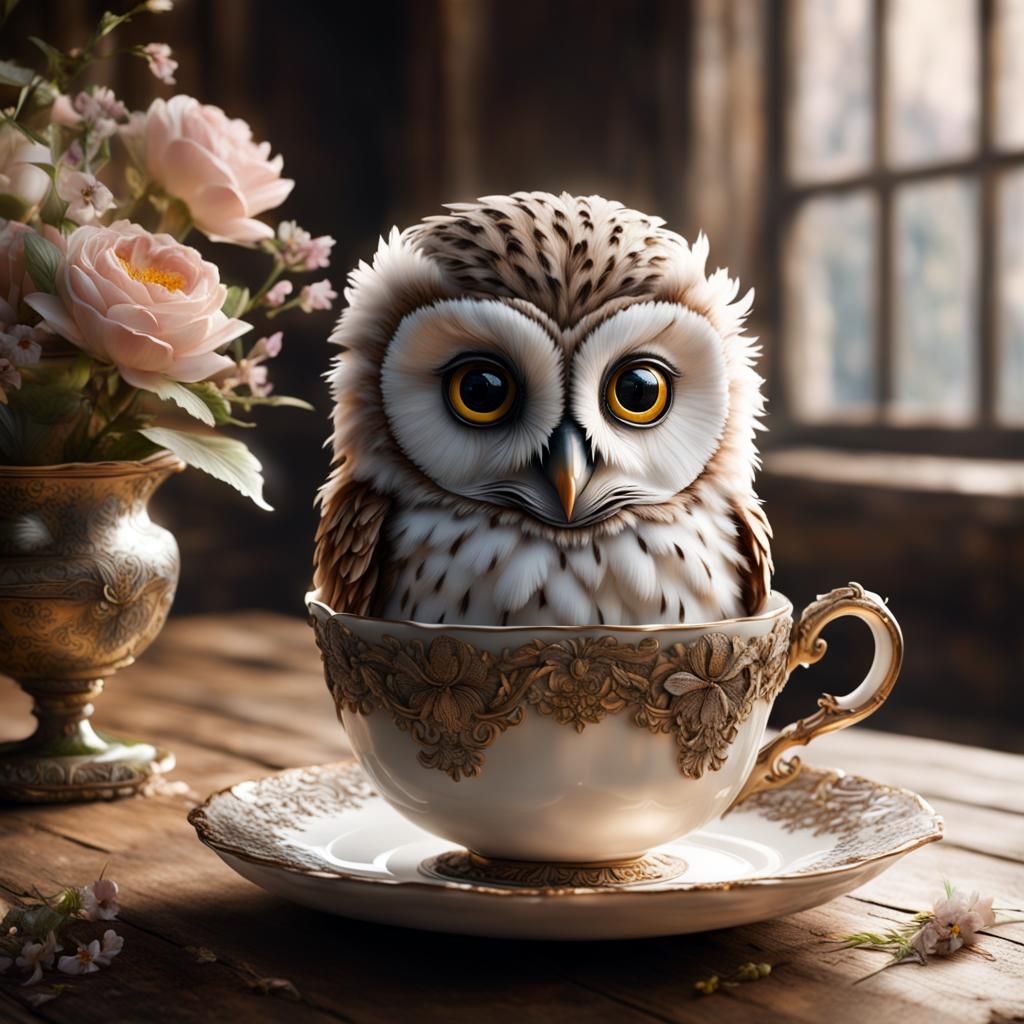 Cute Tiny Owl in Teacup: Hyperdetailed CGI Render