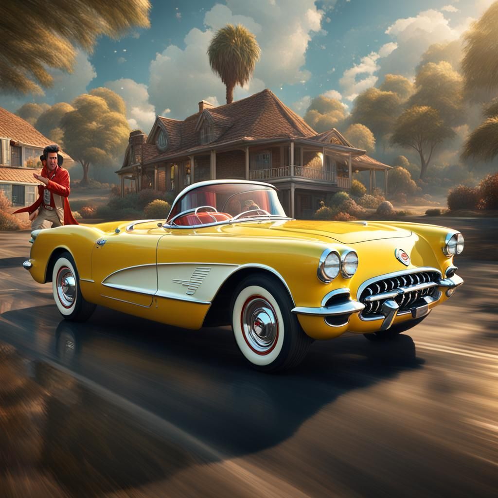 Elvis Driving 1955 Corvette: Detailed Matte Painting