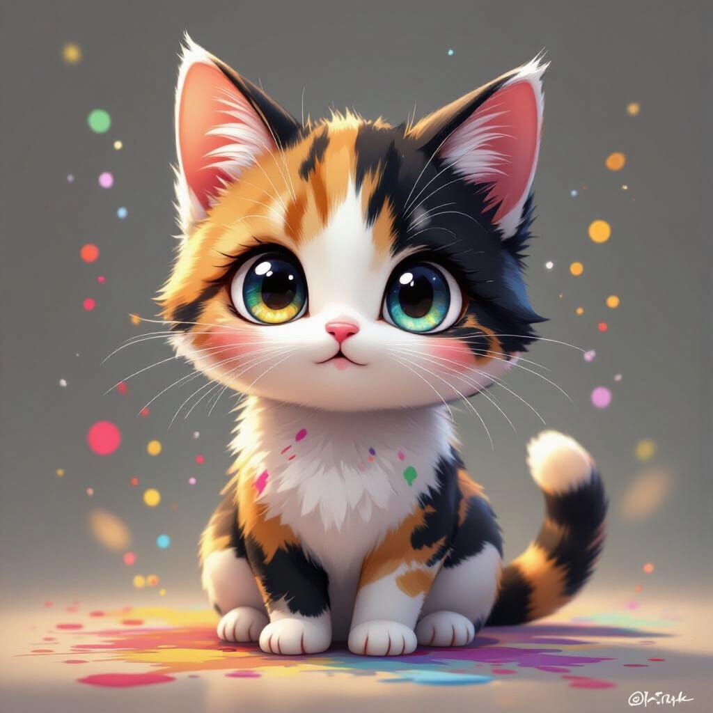 Chibi Calico Cat Covered in Vibrant Paint Splatters