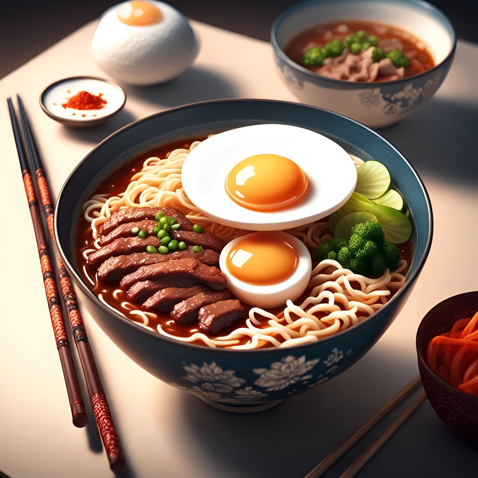 Spicy Ramen Noodles with Beef: Digital Art Illustration