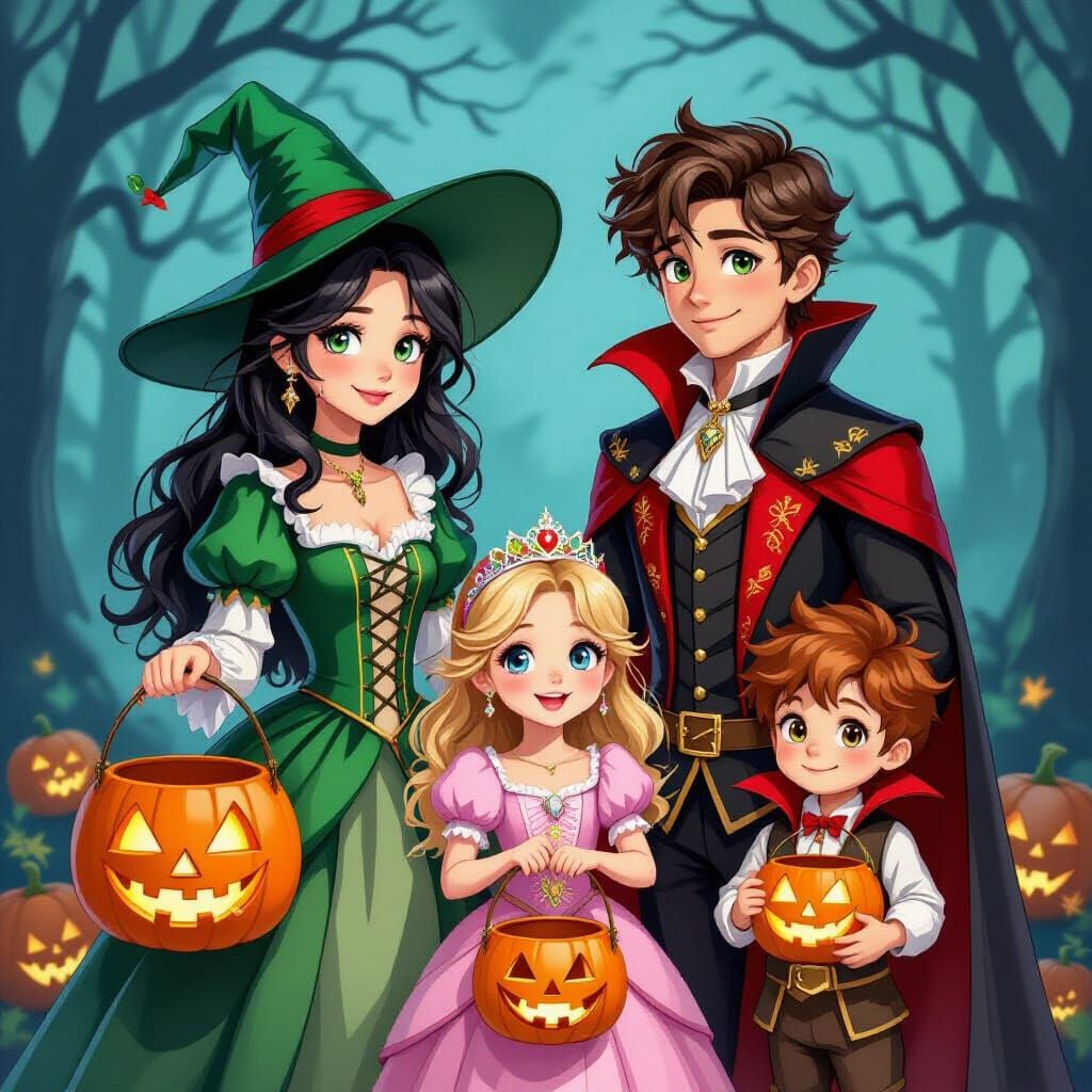 Teens in Medieval and Vampire Costumes Trick-or-Treating wit...