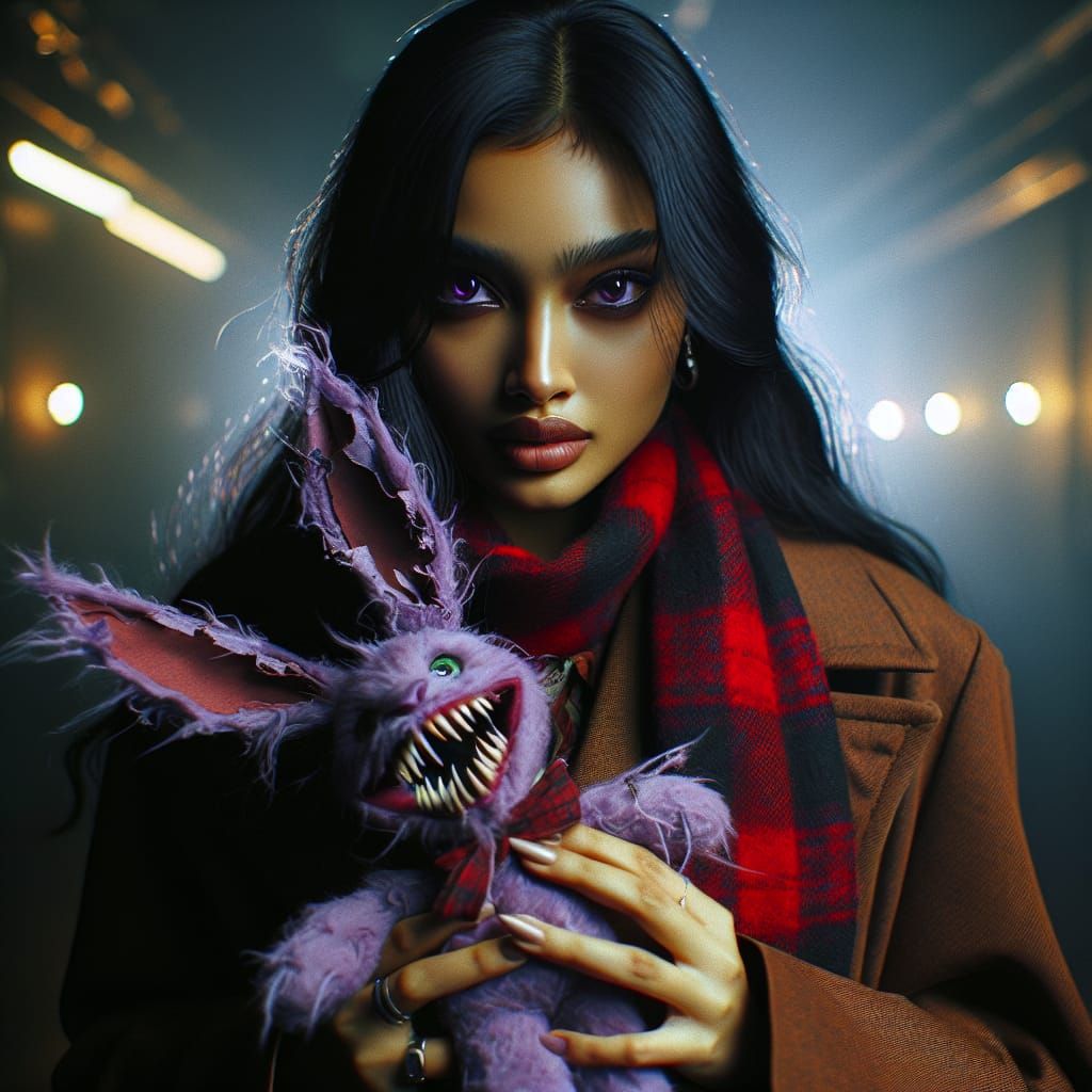 Dramatic Film Still of Woman with Stuffed Rabbit