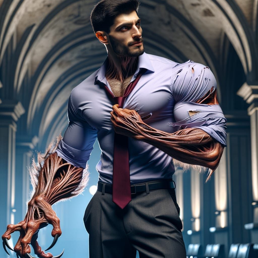 Werewolf Musician Plays Guitar in Elegant Office Attire