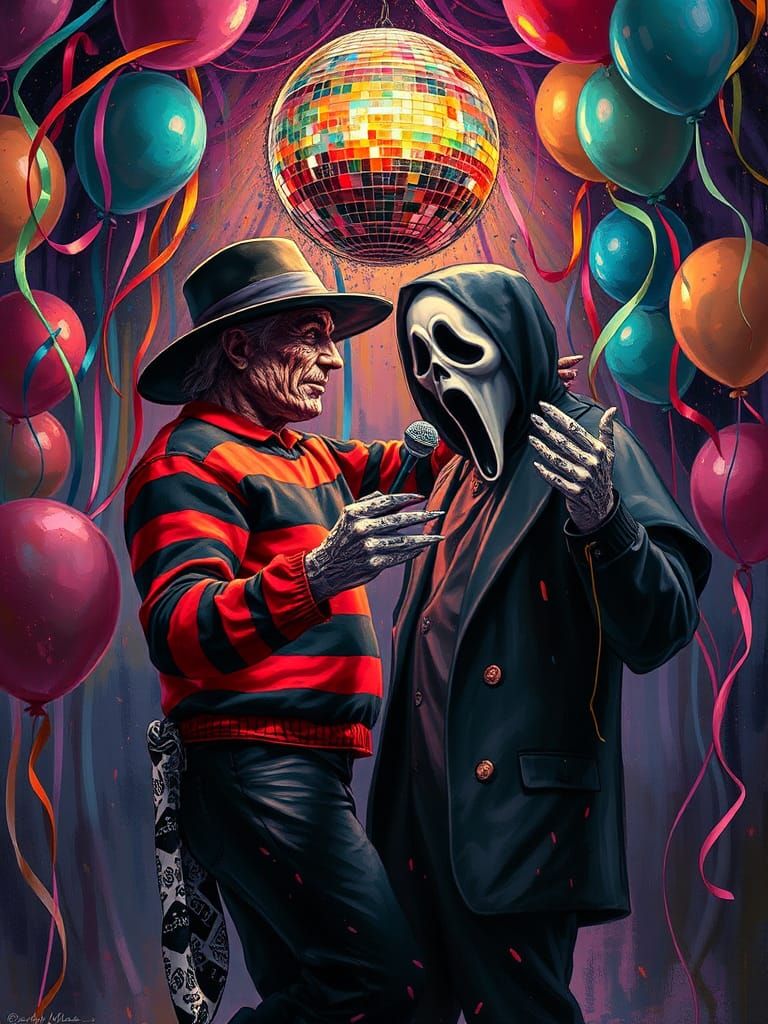 Freddy and Ghostface Party in Splash Painting Style