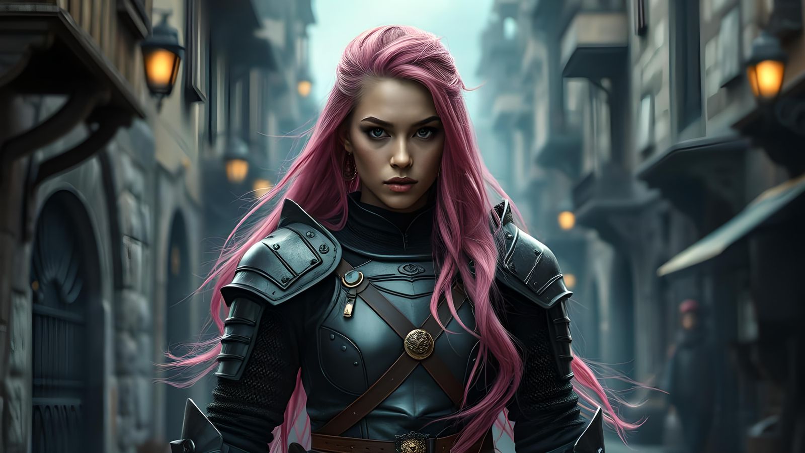 Fierce Latina Warrior on Medieval Street