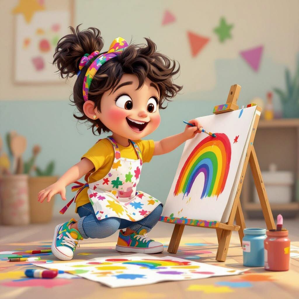 Cartoon Child Creates Rainbow Art in 3D Style