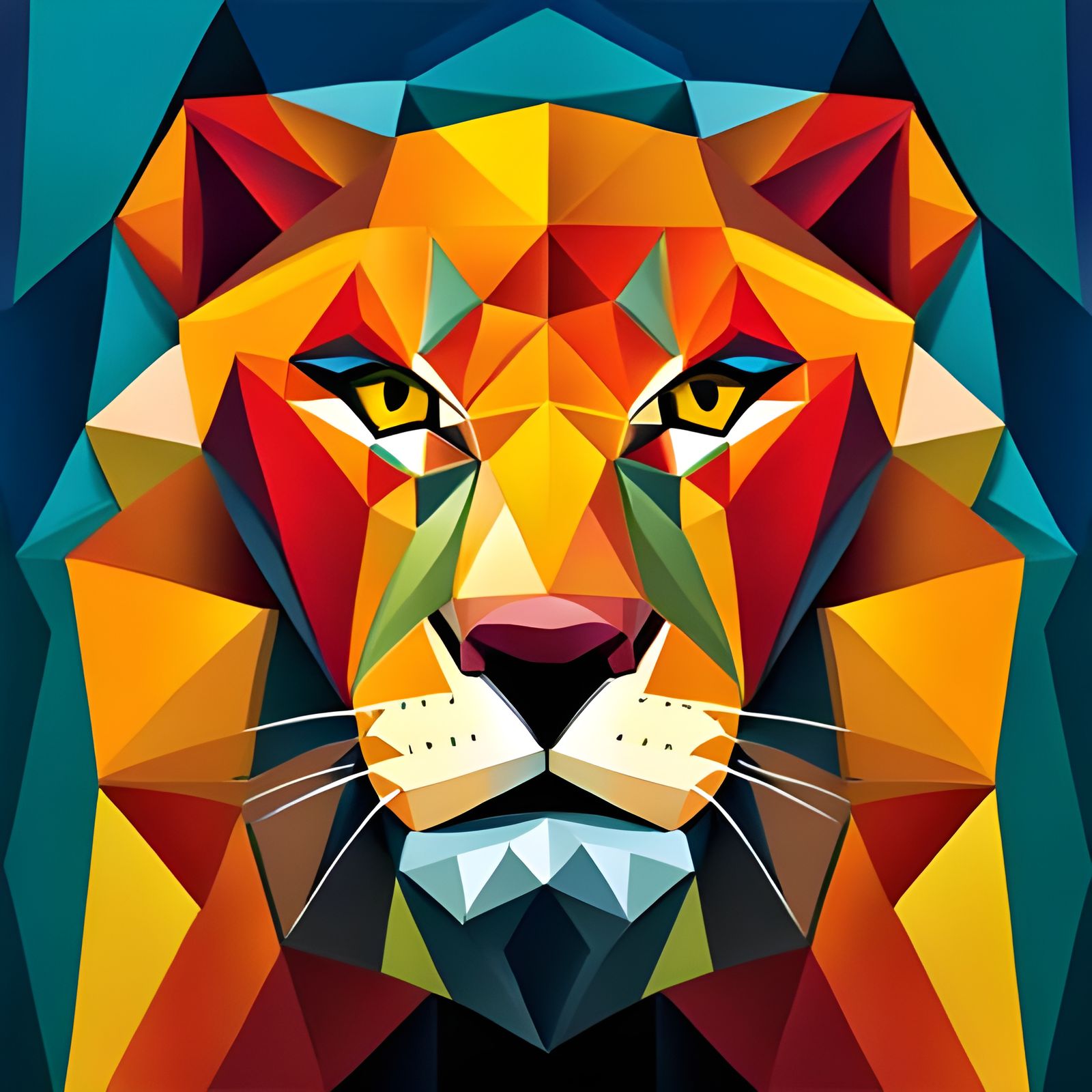 Geometric Lion Roaring in Cubist Style