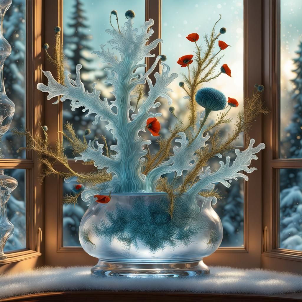 Bioluminescent Ice Sculpture of Flowers: 3D Render