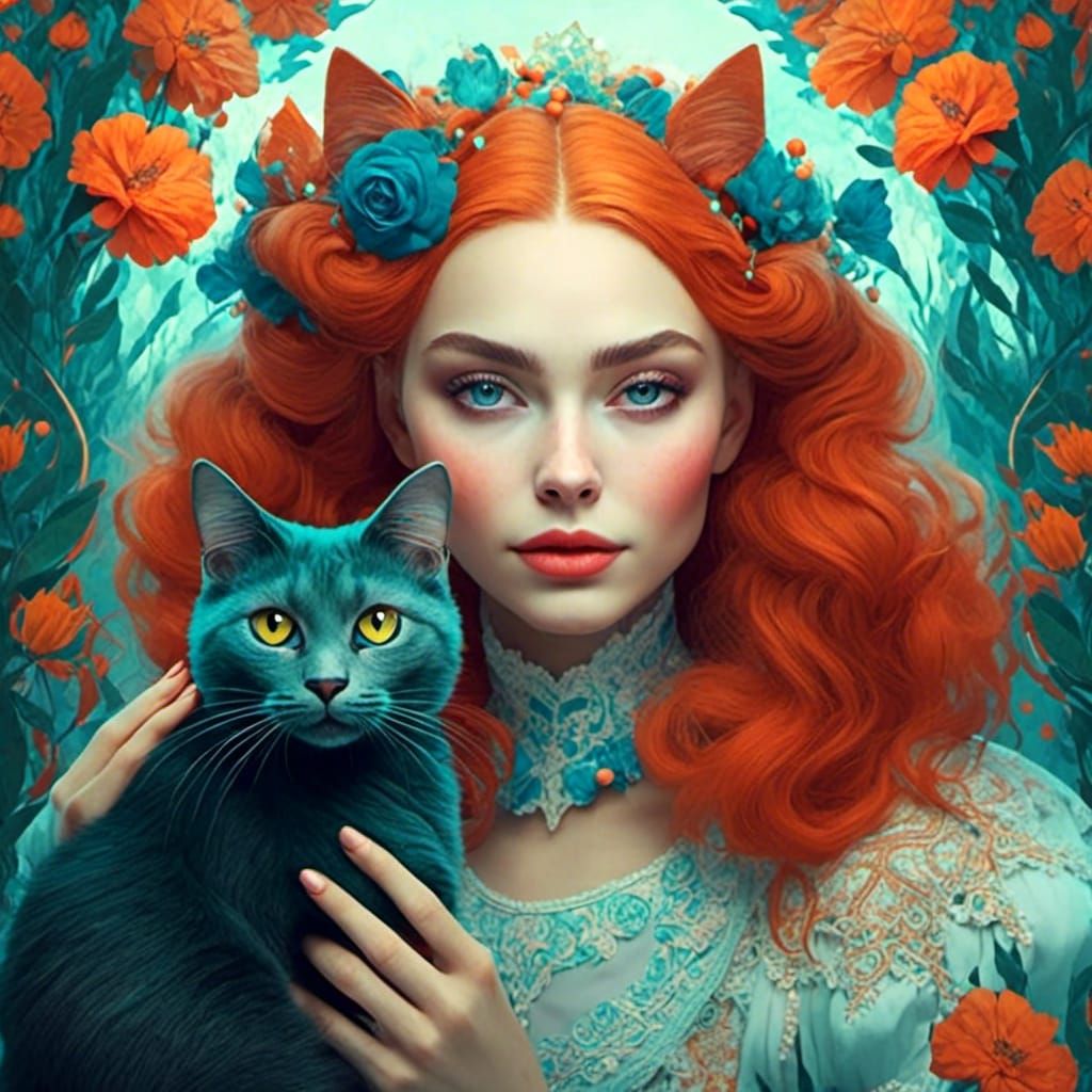 Woman with Cat in Fairytale Style