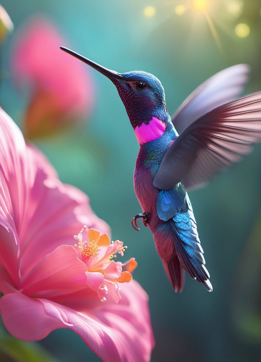 Iridescent Hummingbird Kisses Pink Hibiscus Flower