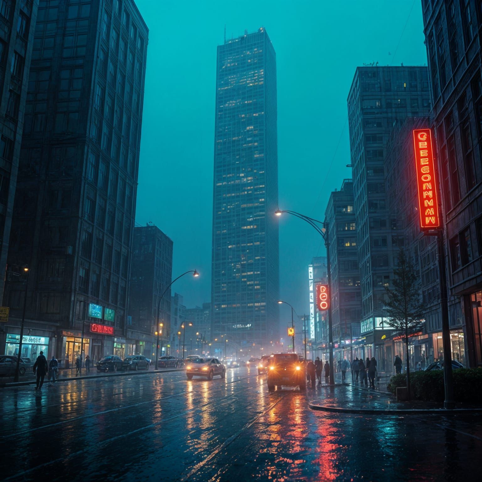 Rainy Cityscape in Cyberpunk Style