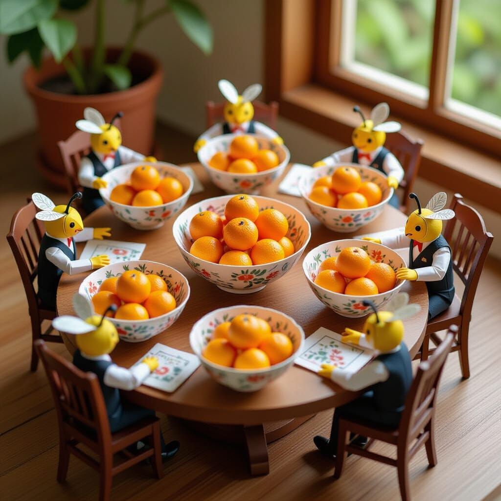 Bees Excitedly Gather Around Orange Bowls in Origami Style