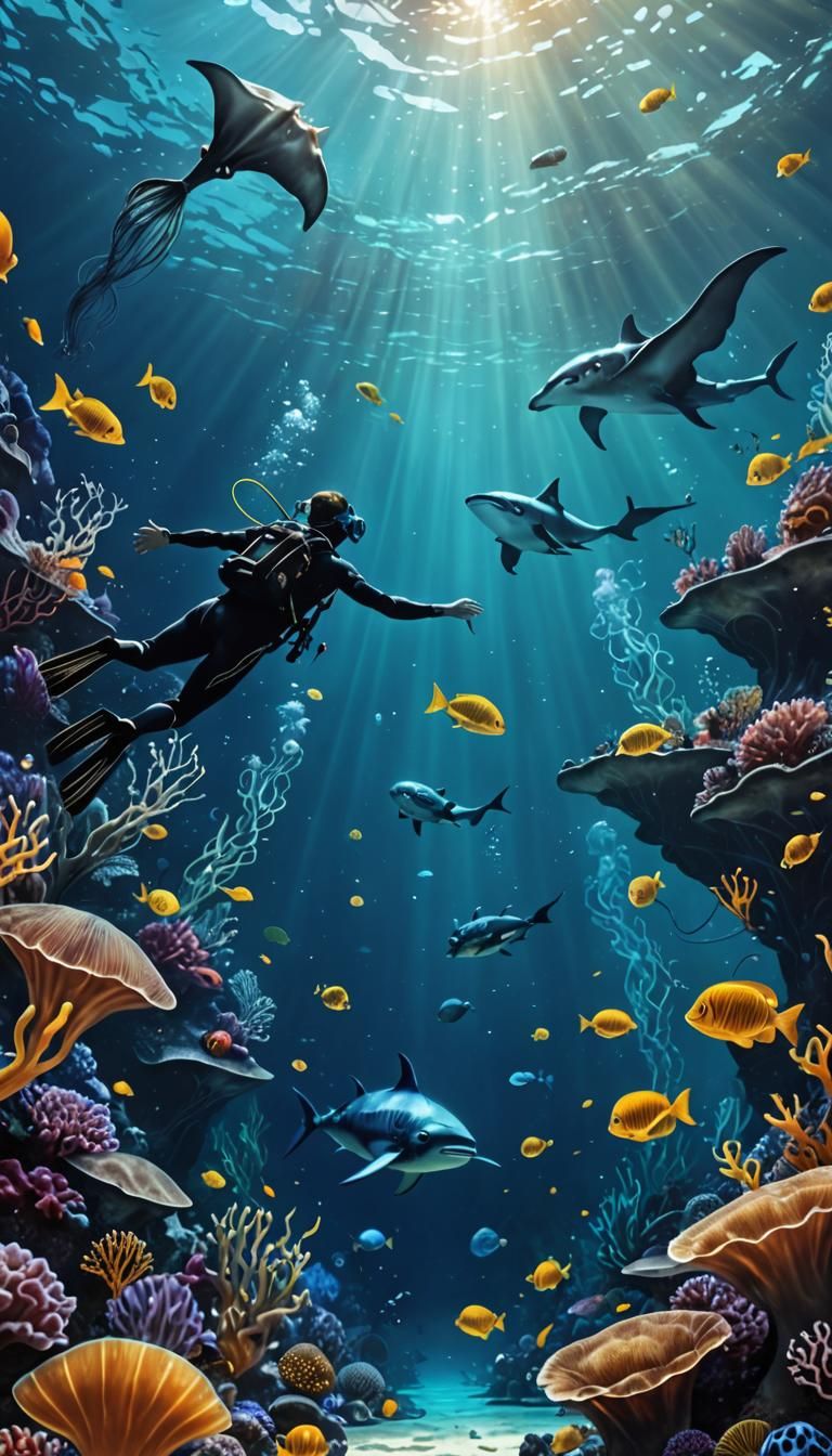 Freediver Swimming with Glowing Aquatic Life