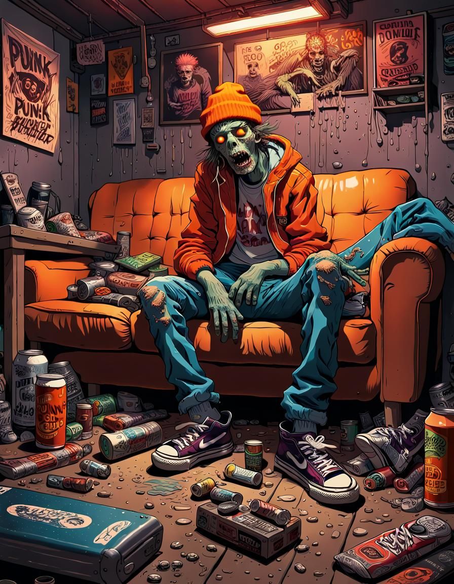 Highly detailed messy basement room with 80's interior where a punk rock zombie wearing an orange beanie is sitting on a...