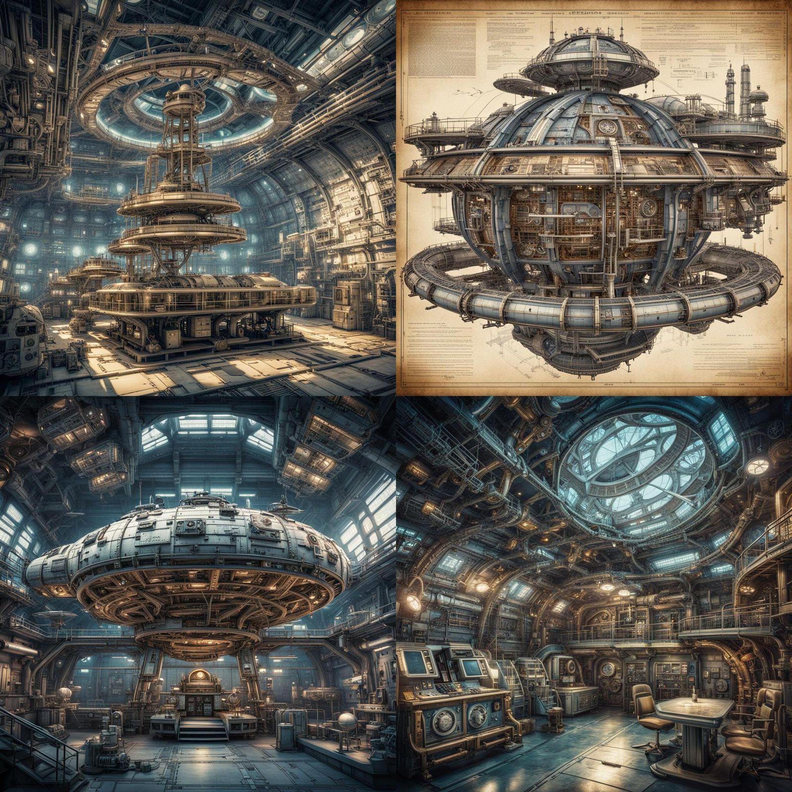 Steampunk Intergalactic Space Station Blueprint in Atomic Ag...