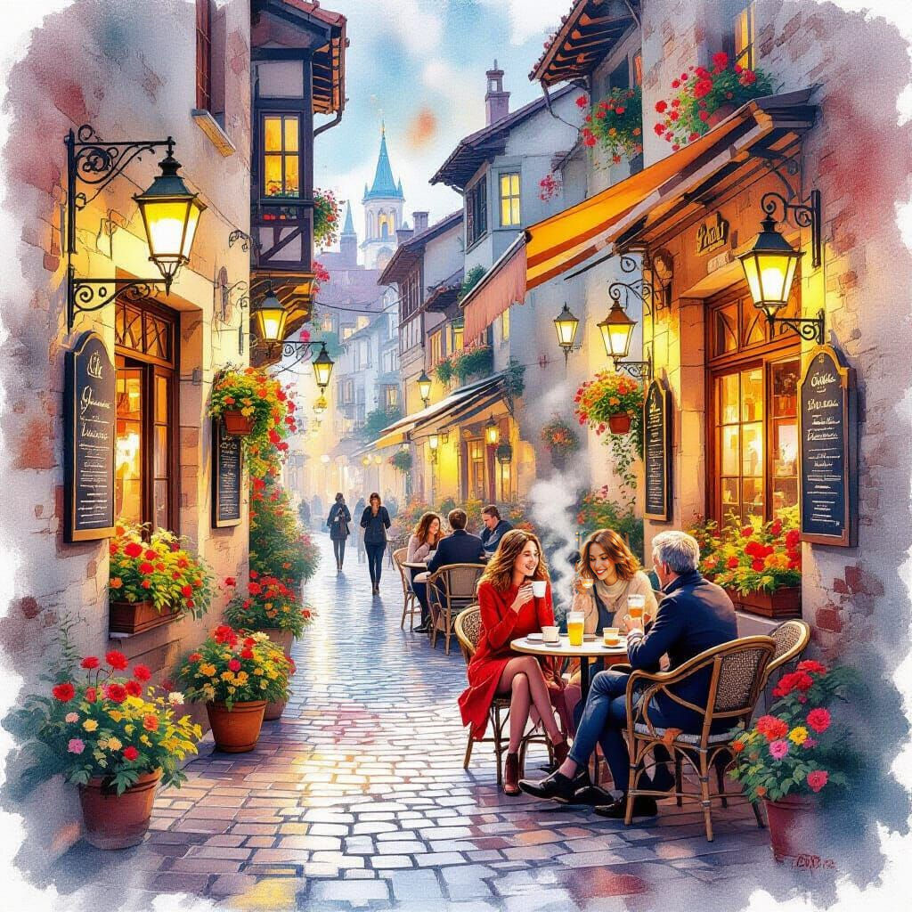 Expressive Watercolor Cafe Scene in Glowing Lanterns