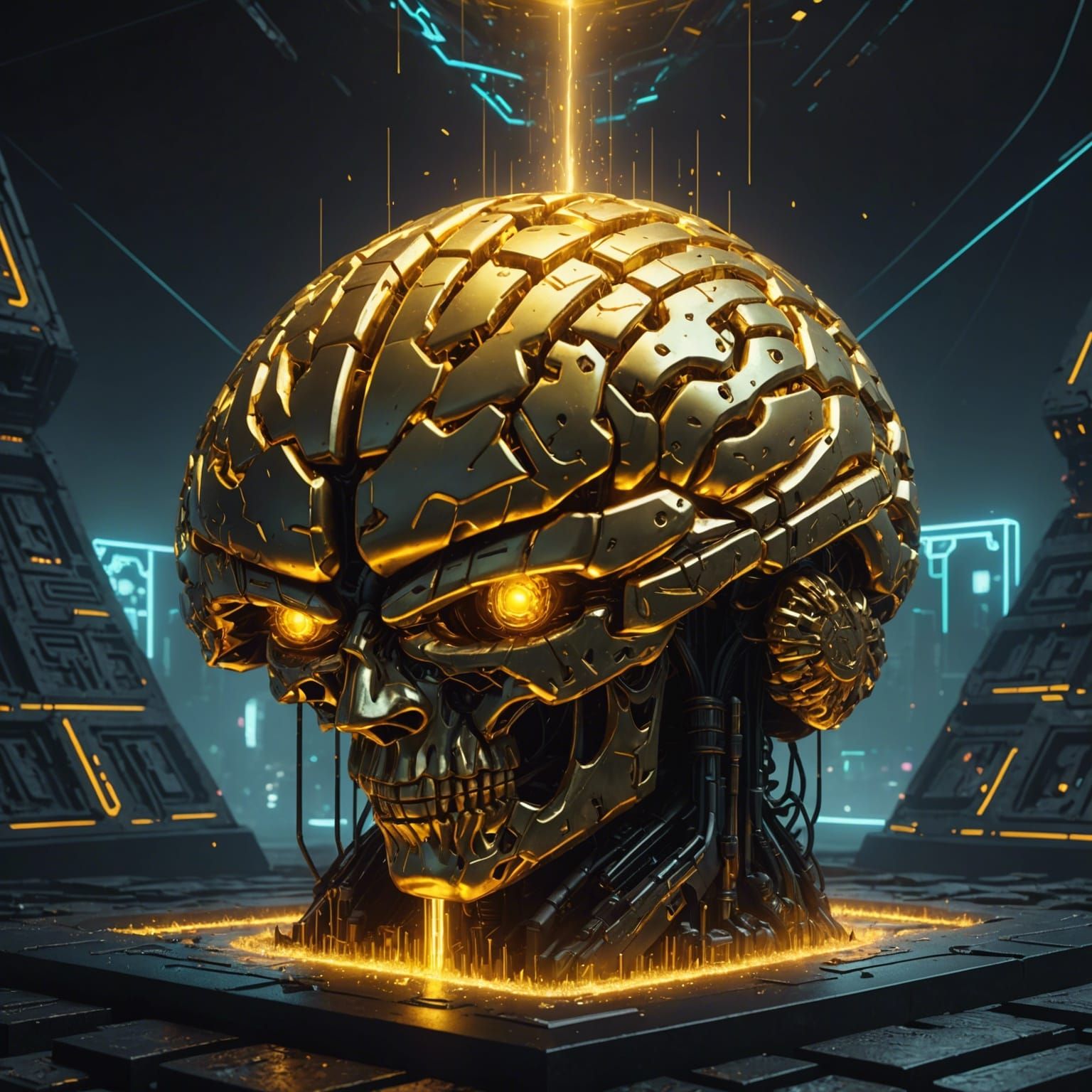 Golden Brain Emerges from Cyberpunk Pyramid
