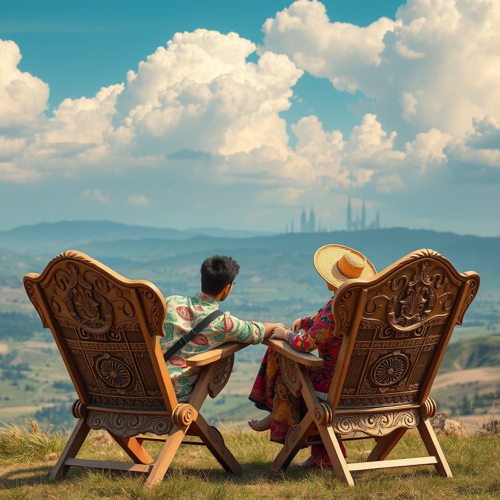 Couple in Ornate Folding Deckchairs Amidst a Fantastical Sum...