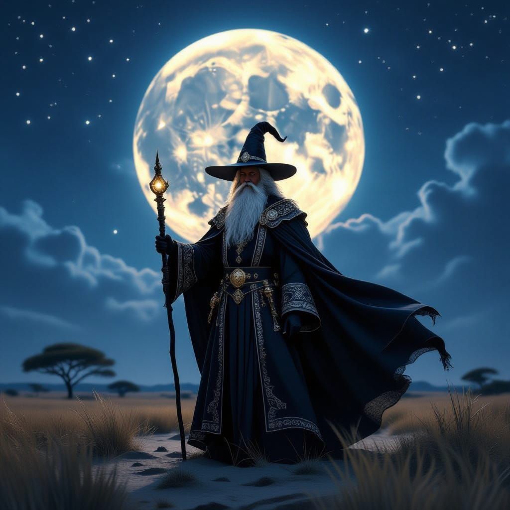 Majestic Wizard on Moonlit Savannah in Epic Fantasy Style