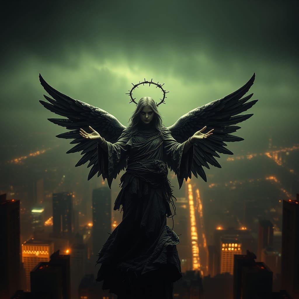Noir Angel in Dystopian Cityscape