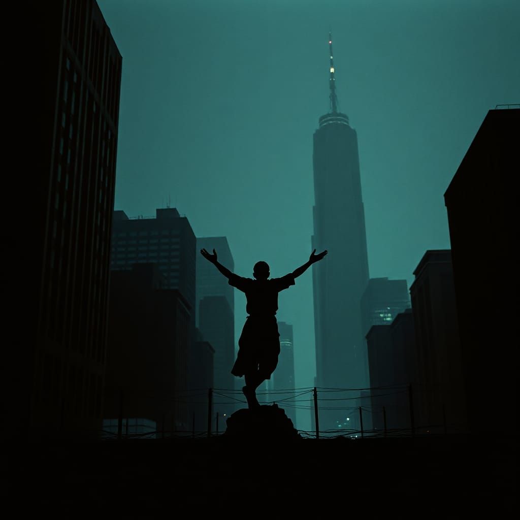 Barbed Wire Angel in Dark Cityscape