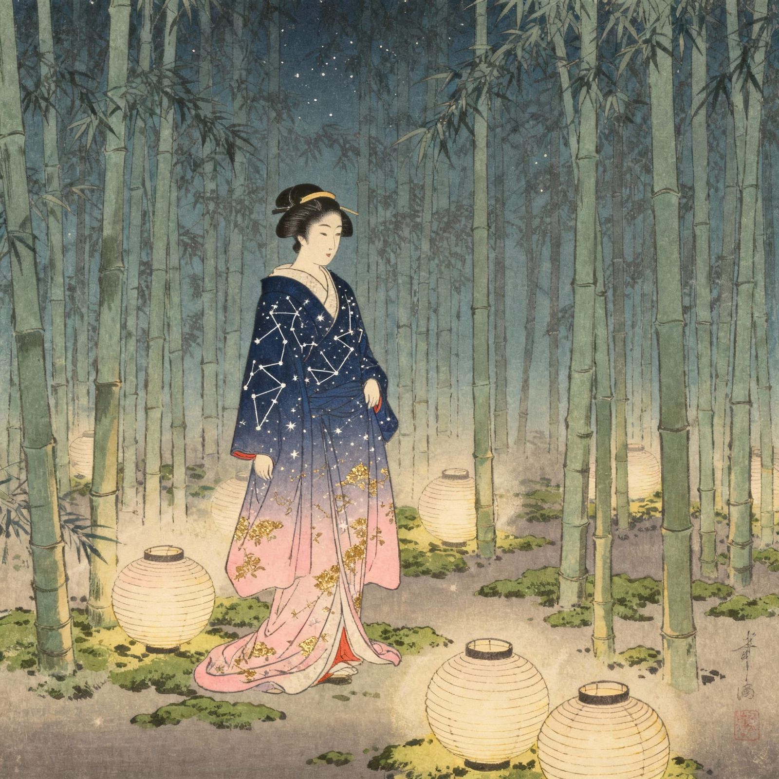 Geisha in Celestial Kimono in Bamboo Forest