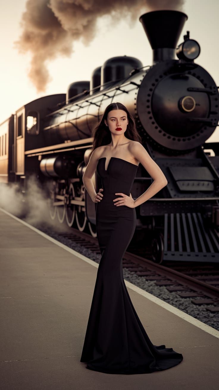 Elegant Woman on 1950s Train Platform in Vintage Style