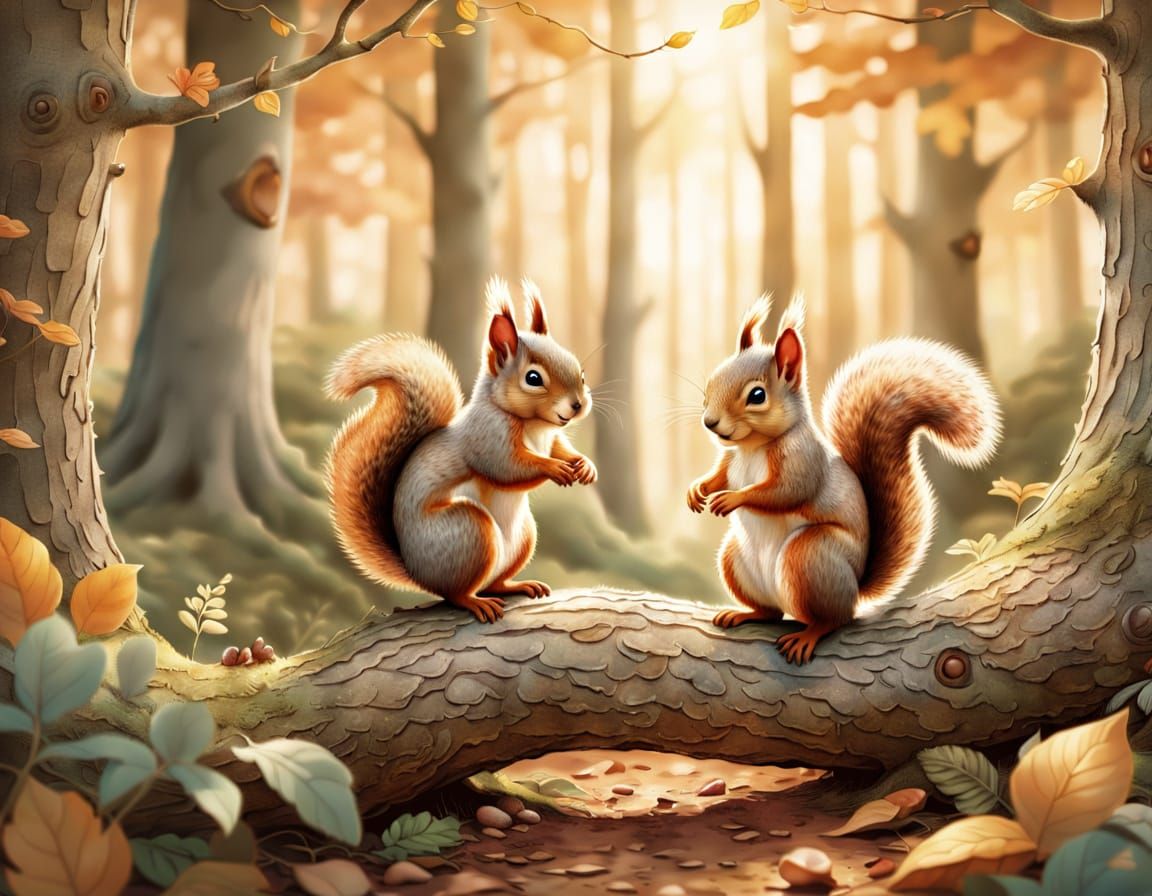 Enchanting Squirrels in Forest: Children's Book Style