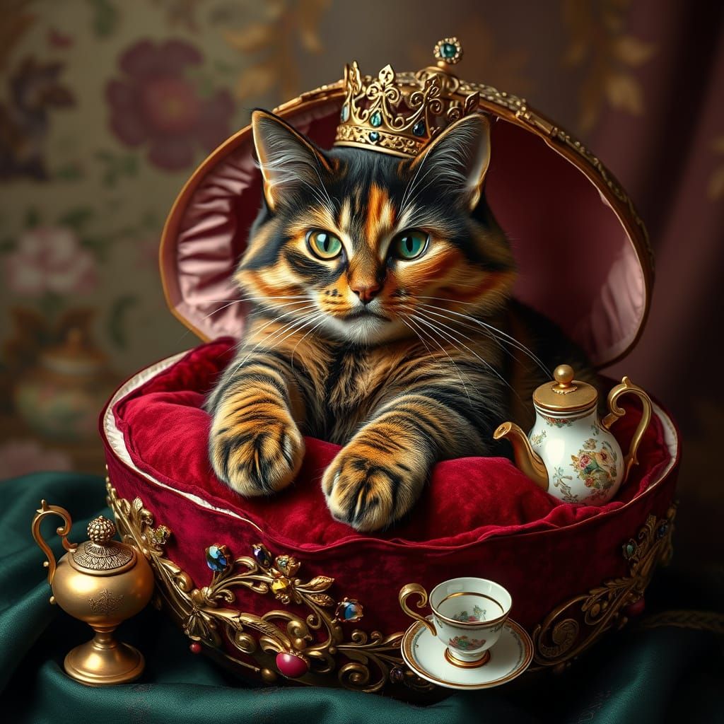 Tortoiseshell Cat Queen in Fabergé Egg, Hyperrealistic
