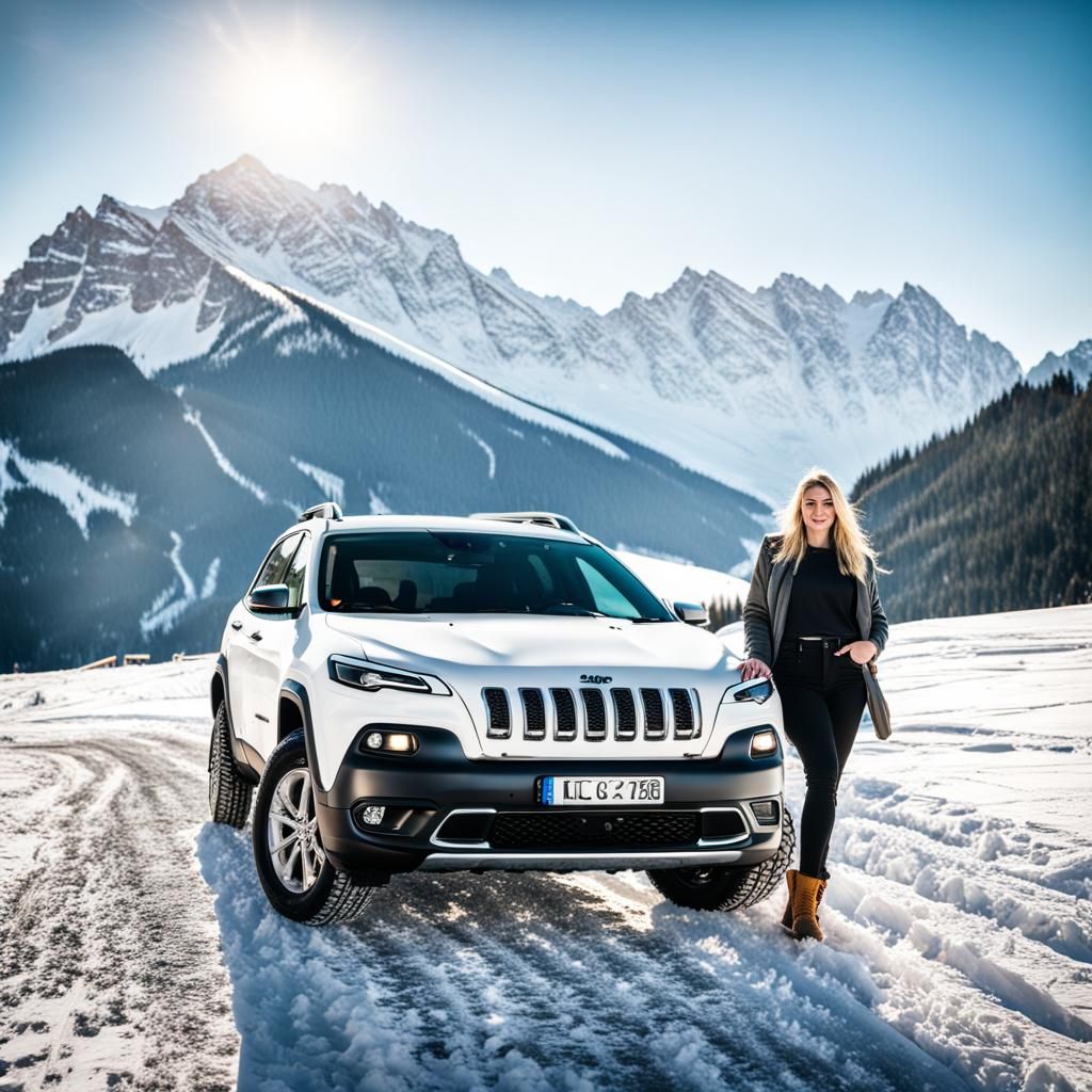 Jeep Cherokee and Blonde Woman in Austrian Alps