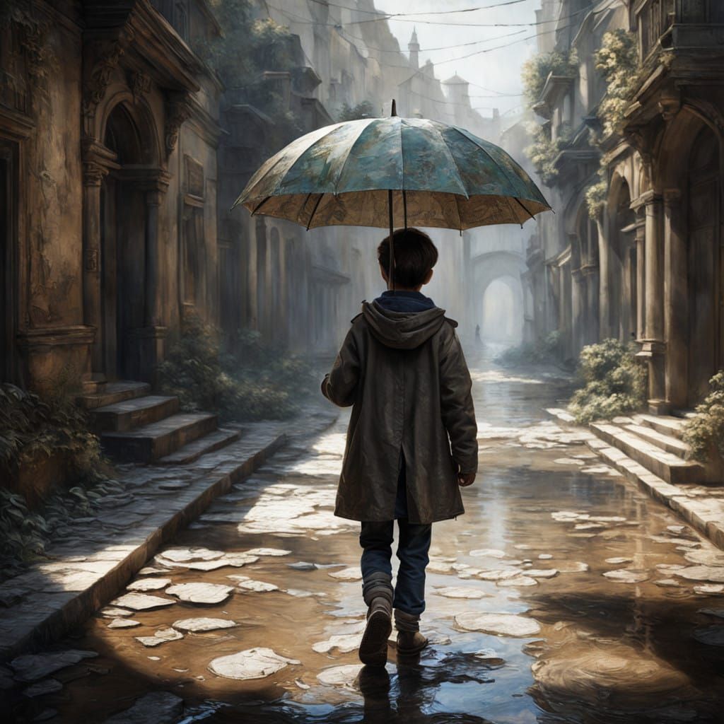 Young Boy Holds Umbrella Against Distressed Papier-Mâché Bac...