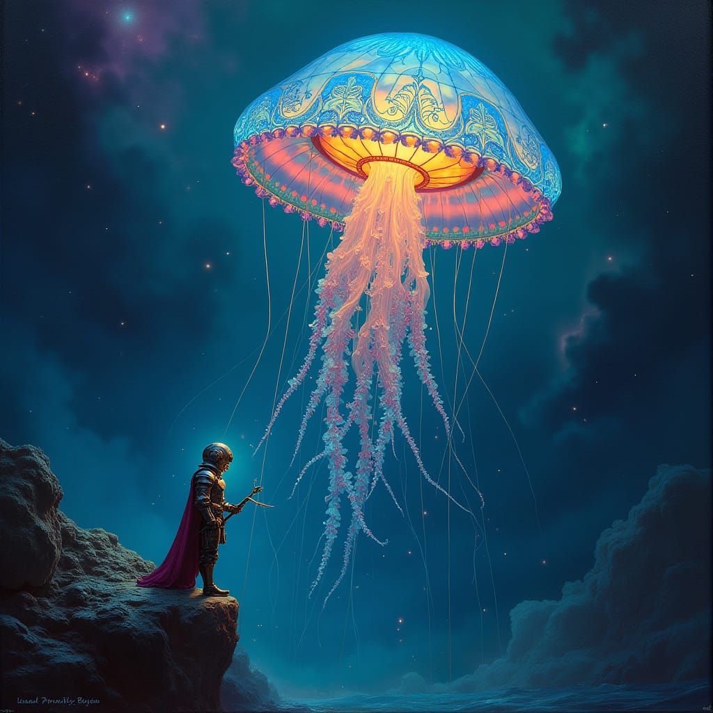 Bioluminescent Jellyfish Steered by Knight, Art Style