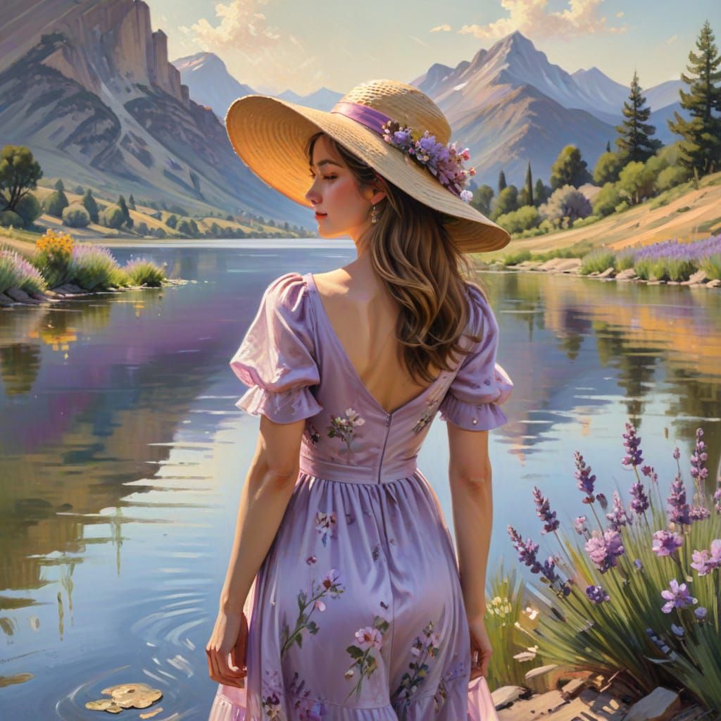 Woman by Lakeside in Lavender Dress, Impressionistic Oil Pai...