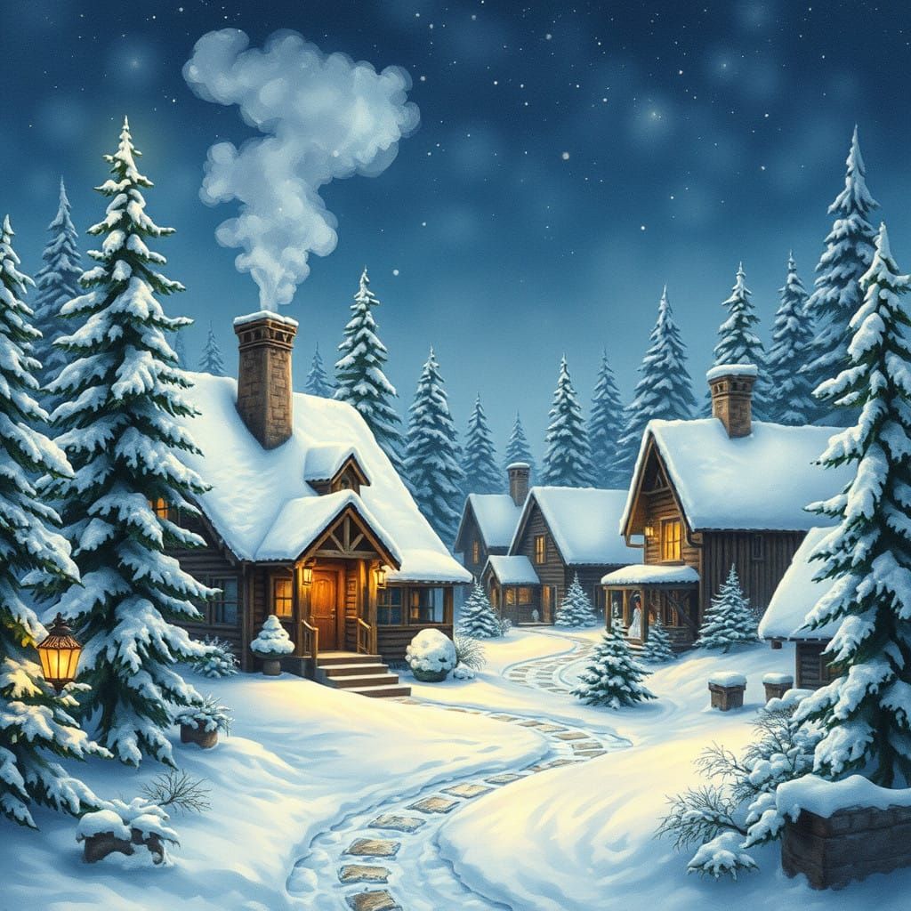 Snow-kissed Nordic village at night