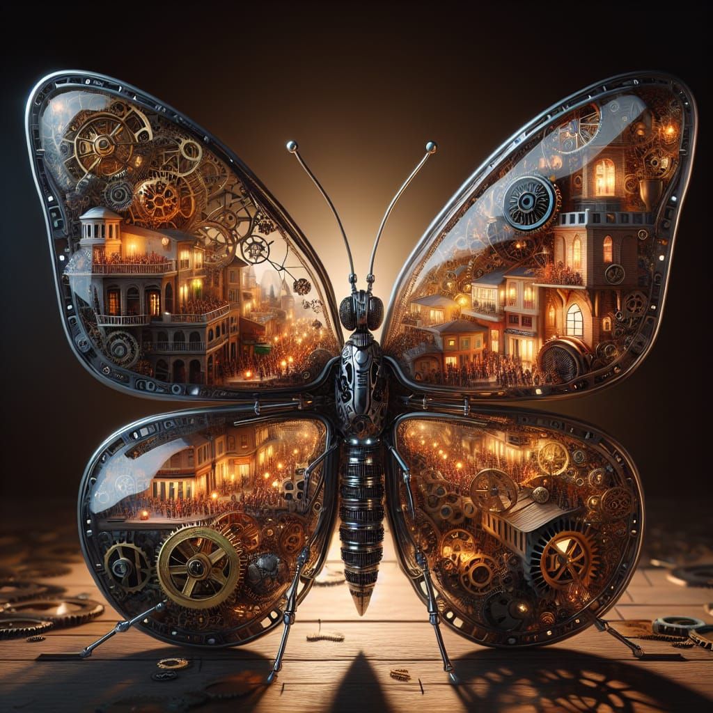 Steampunk Trojan Butterfly with Glowing City Inside