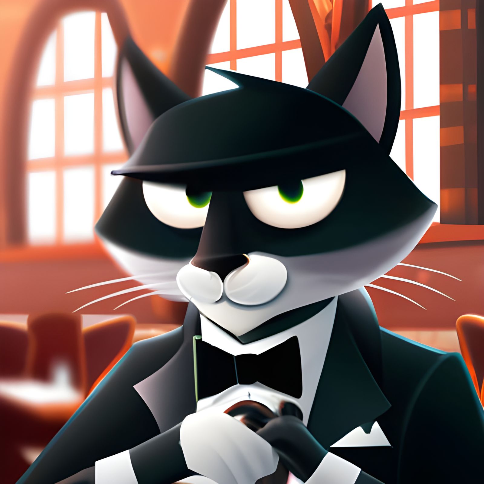 Adorable Cat Spy in Tuxedo: Pixar-Style Digital Illustration