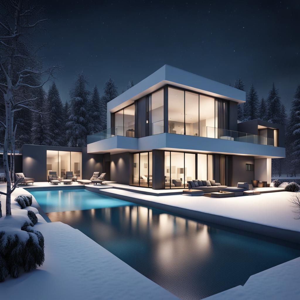 Ultra-Modern House with Pool in Snowy Weather
