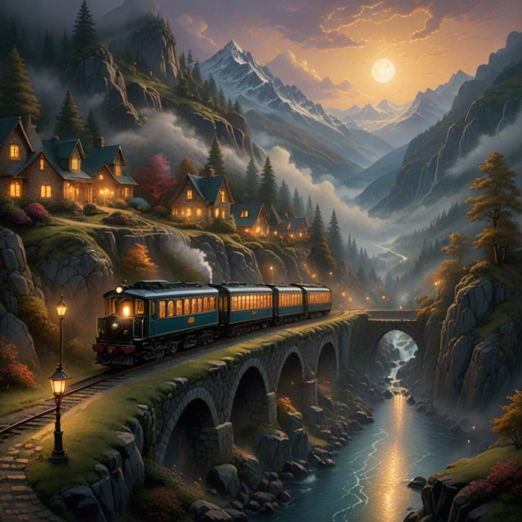 Mystical Train Journey Through Misty Mountains