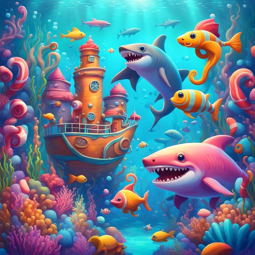 Cartoon Underwater World with Seahorses and Shark