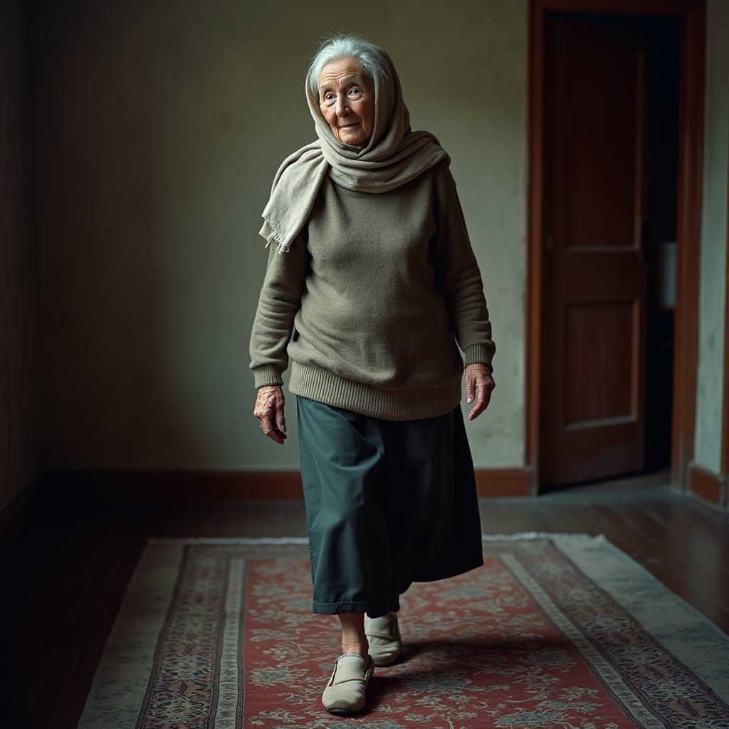 Elderly Woman Walks with Poise: Vintage 35mm Film