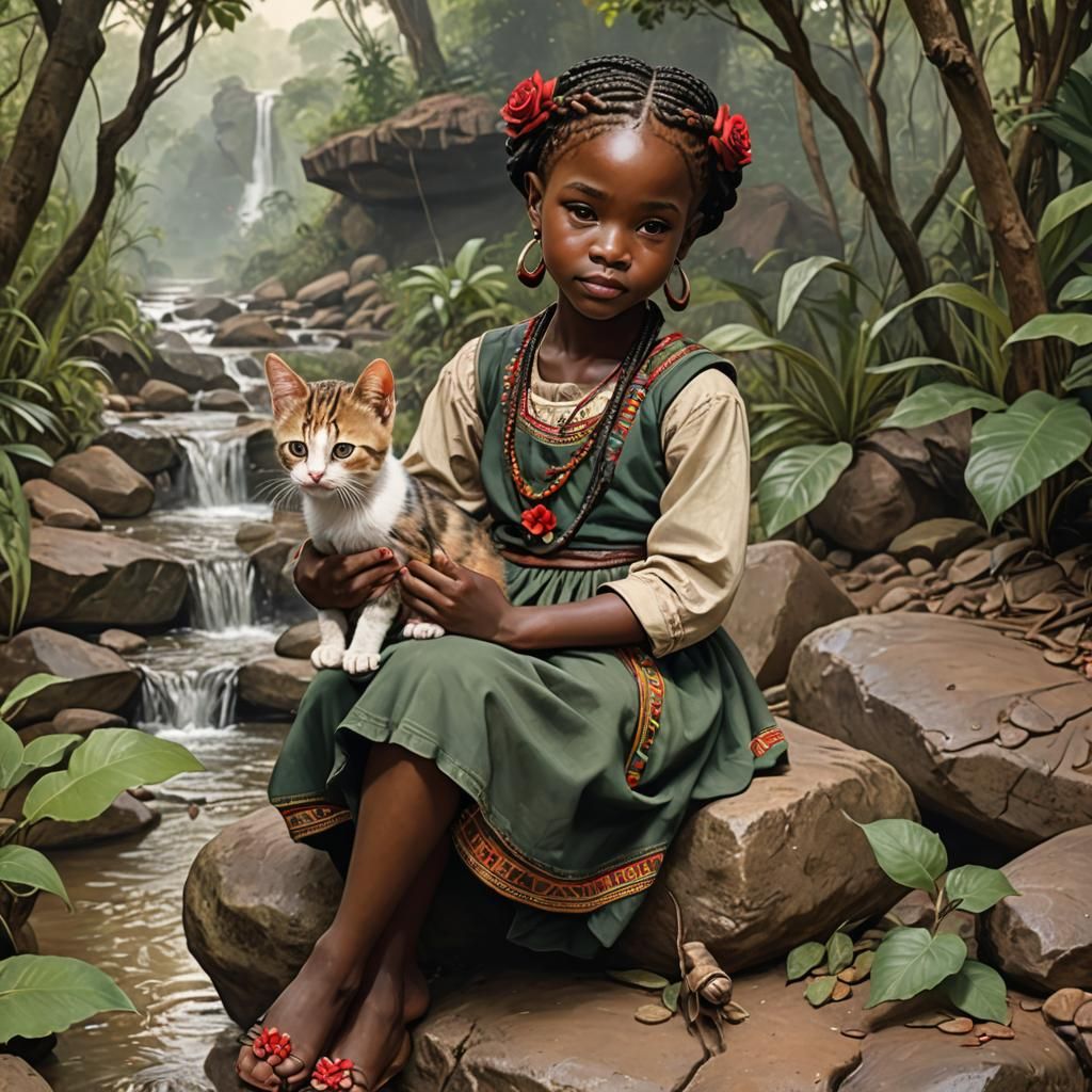 African Girl with Kitten in Jungle Scene