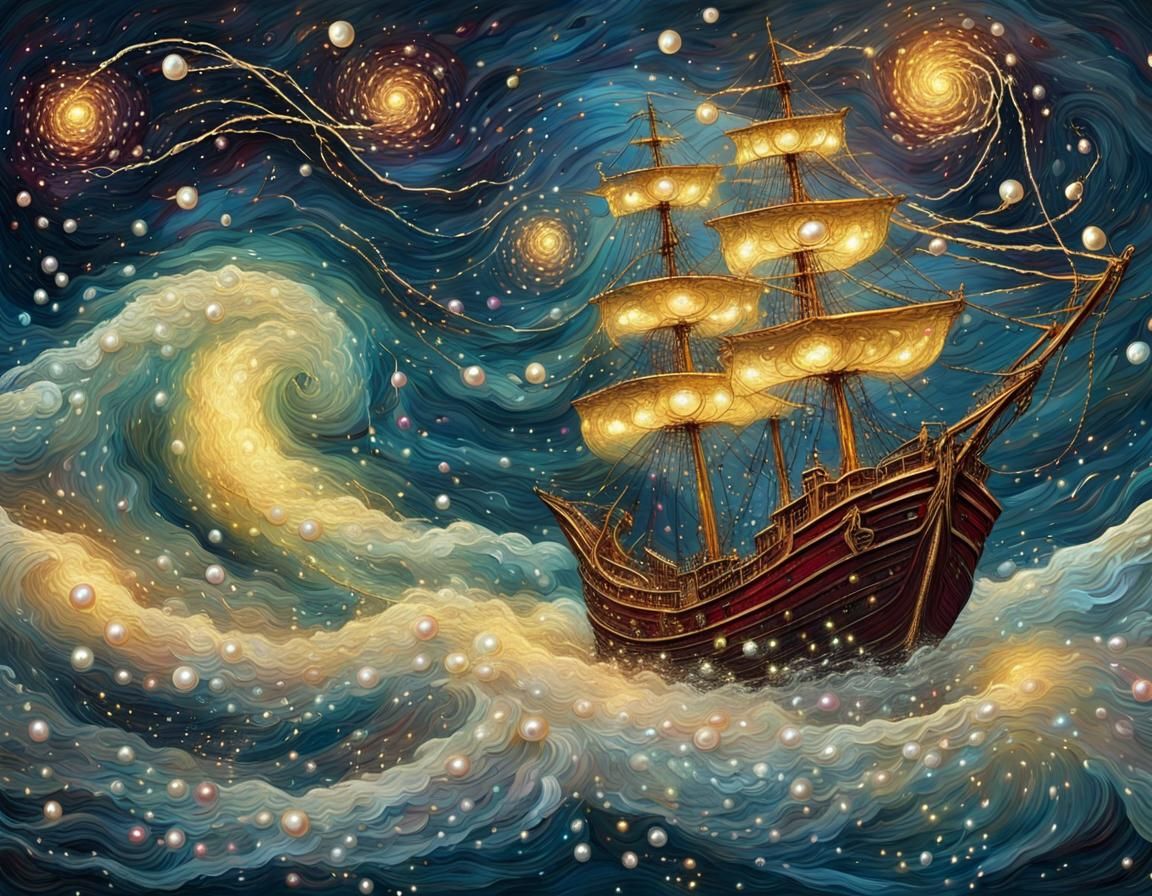 Galleon Ship in Starry Night Sky, Van Gogh Style