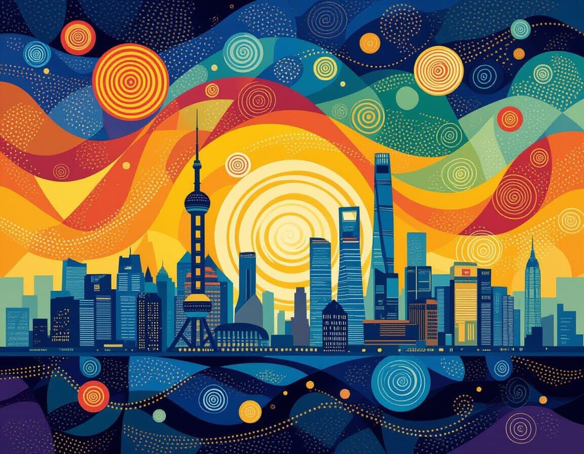 Abstract Sunset Cityscape with Phosphorescent Light